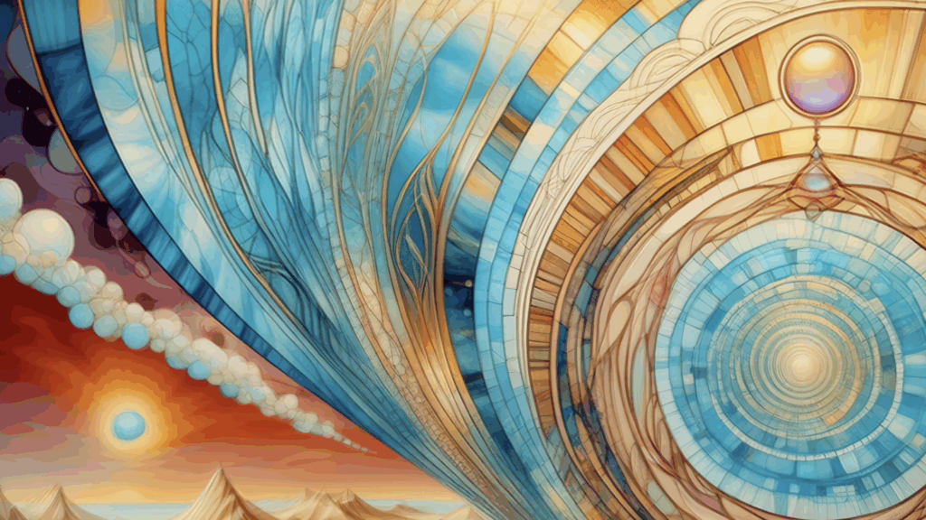 A sweeping mosaic of teal and gold framing a glowing orb, representing calming surreal visual art for shroom trips.